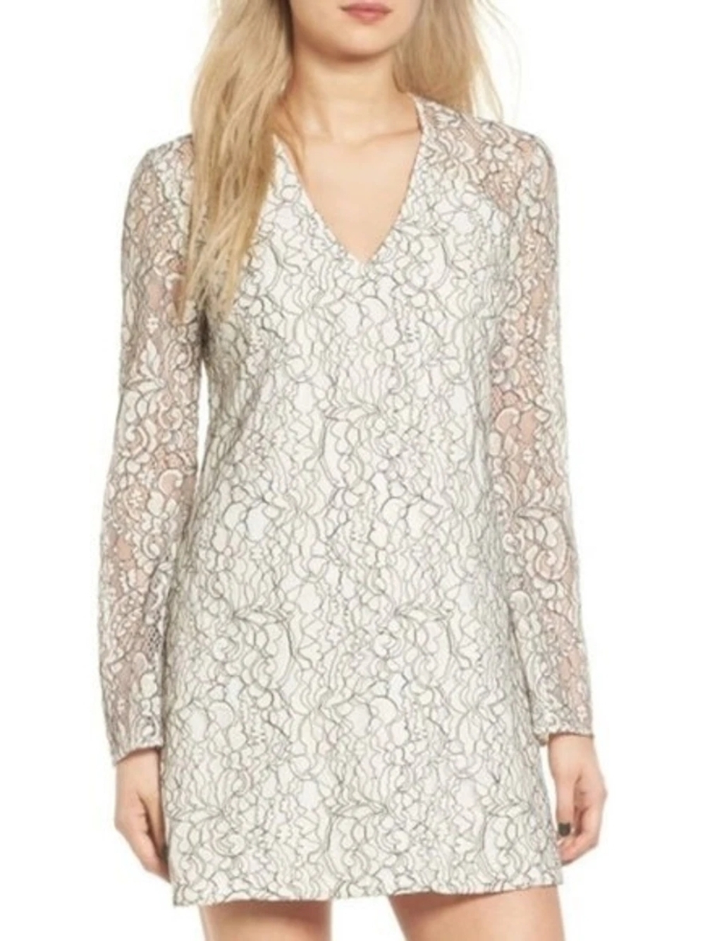 WAYF Cream Lace V-Neck Long Sleeve Mini Dress - Size 8